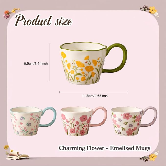 Cute Floral Coffee Mug Set of 4-12oz Ceramic Flower Embossed Cups with Petal Handles, Dishwasher and Microwave Safe - Image 3