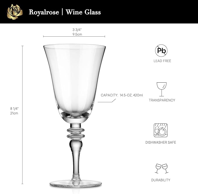 Royalrose Delight 14.2 oz Red Wine Glasses Set of 4 (Vintage Wine Glasses) | Premium Large Wine Goblets Glasses for Wine, Cocktails, Sparkling Water, Elegant Drinkware for Entertaining or Daily Use - Image 4