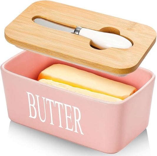 Ceramic Butter Dish with Lid and Knife & Silicone Seal for Countertop Pink | Suitable Capacity, Great Sealing, Home Decor Kitchen Gift Housewarming Gift by AISBUGUR