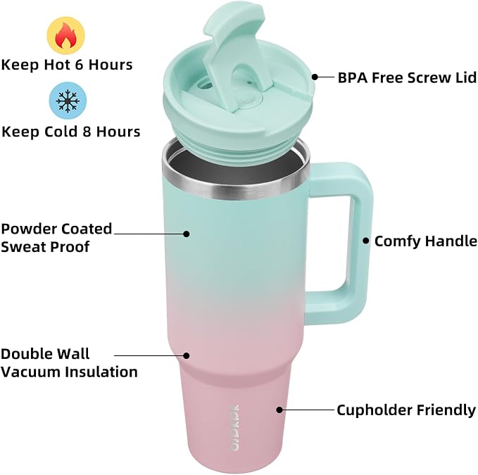 BJPKPK 40 oz Insulated Tumbler with Handle & Straw, Stainless Steel | Double Wall Vacuum Insulation, Leak Proof, BPA Free, Dishwasher Safe, Cupholder Friendly, Travel & Outdoor, Bubble Gum - Image 2