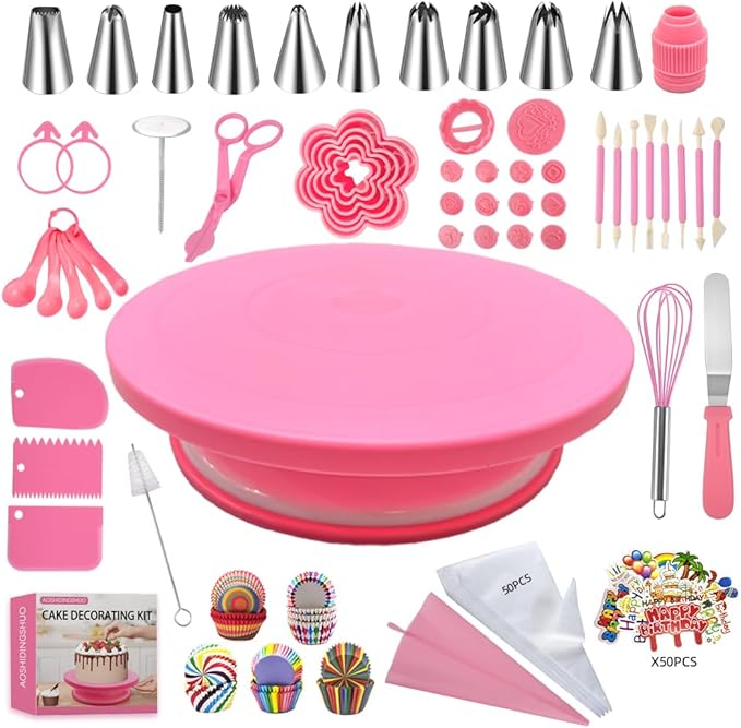 276pcs Cake Decorating Kit with Revolving Cake Turntable,Piping Bags and Tips Set, Cookie cutters,14 Fondant Stamps and Pen,120Cupcake liners,Cake Baking Supplies for Beginners