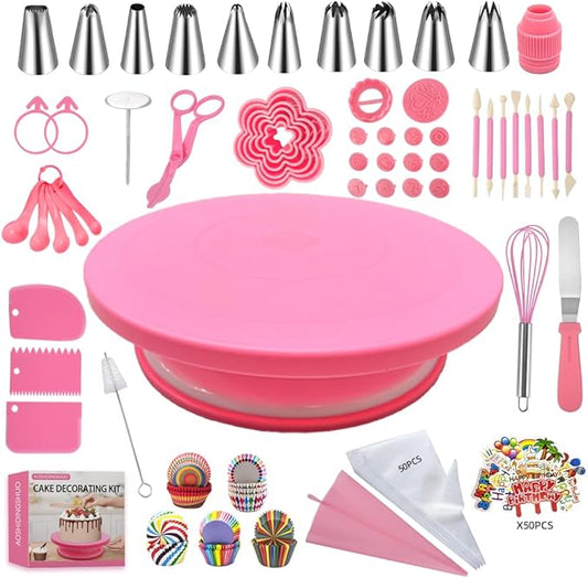 276pcs Cake Decorating Kit with Revolving Cake Turntable,Piping Bags and Tips Set, Cookie cutters,14 Fondant Stamps and Pen,120Cupcake liners,Cake Baking Supplies for Beginners