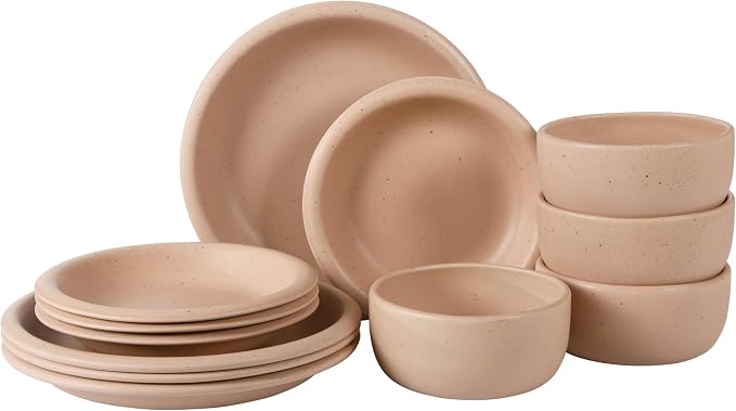 Bloomhouse - Two Time Oprah's Favorite Things Winner - Corsica Clay 12 Piece Stoneware Rustic Reactive Glaze Dinnerware Set - Stackable Plates and Bowls Set. Service for 4 - Matte Prosecco Blush Pink by Unknown