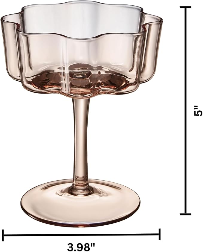 Venus Flower Scalloped Vintage Wavy Petals Wave Glass Coupes 7oz Colorful Martini, Champagne & Cocktails, 6 Set Brown Amber Shades Rippled Champagne Glasses, Elegant Bar Glassware, Aesthetic Coupe - Image 9