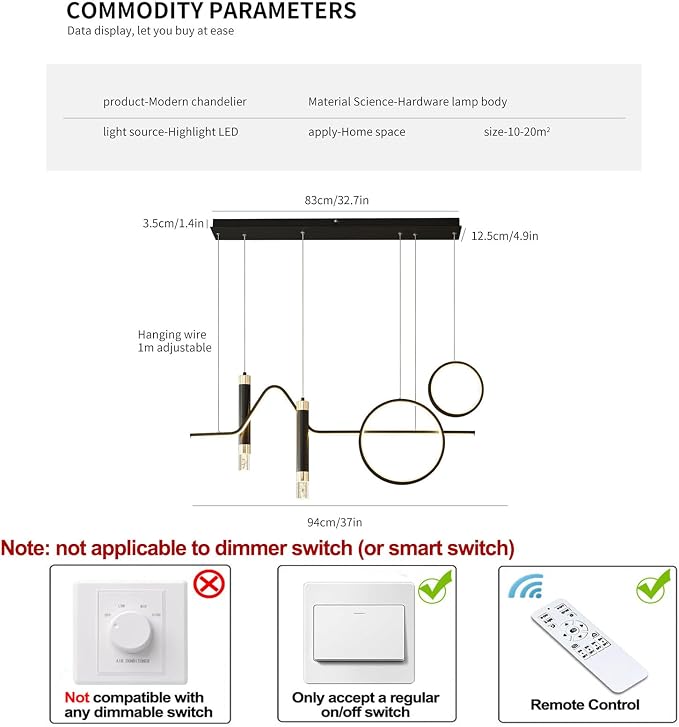 Siittoo 37" Modern LED Pendant Light, Dimmable Linear Chandelier Black | 45W LED with Remote, 3000K-6000K, Adjustable Hanging Light for Kitchen Island, Dining Room & Living Room - Image 4