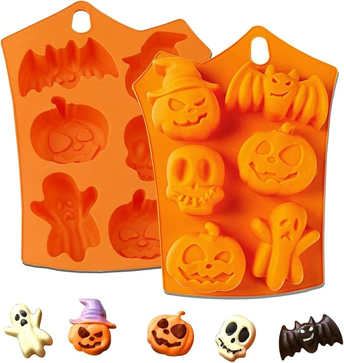 2Pcs Halloween Silicone Cake Mold，Pumpkin Bat Skull Ghost Shape Silicone Candy Chocolate Molds for DIY Cookies Soap Candy Gummy Chocolate Mold Ice Cream Tray for Kitchen DIY Baking Tools…