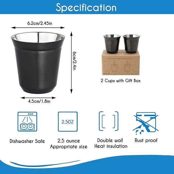 Easyworkz Stainless Steel Espresso Cup 2pcs Set Double Wall Insulated Metal Demitasse Cups 2.5 oz