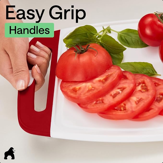 GORILLA GRIP BPA-Free Reversible Kitchen Cutting Board Set of 3, US Designed, Nonporous, Juice Grooves Catch Liquid, Slip Resistant Border, Dishwasher Safe, Durable Large Food Chopping Boards, Red - Image 8