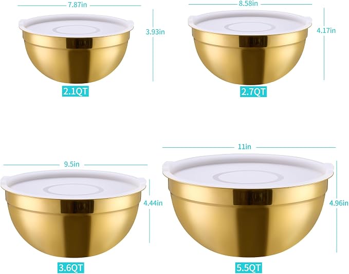 4 Piece Gold Mixing Bowls With Lids for Kitchen, Stainless Steel Set Ideal for Baking, Prepping, Cooking and Serving Food, Nesting Metal Bowls for Space Saving Storage - Image 2