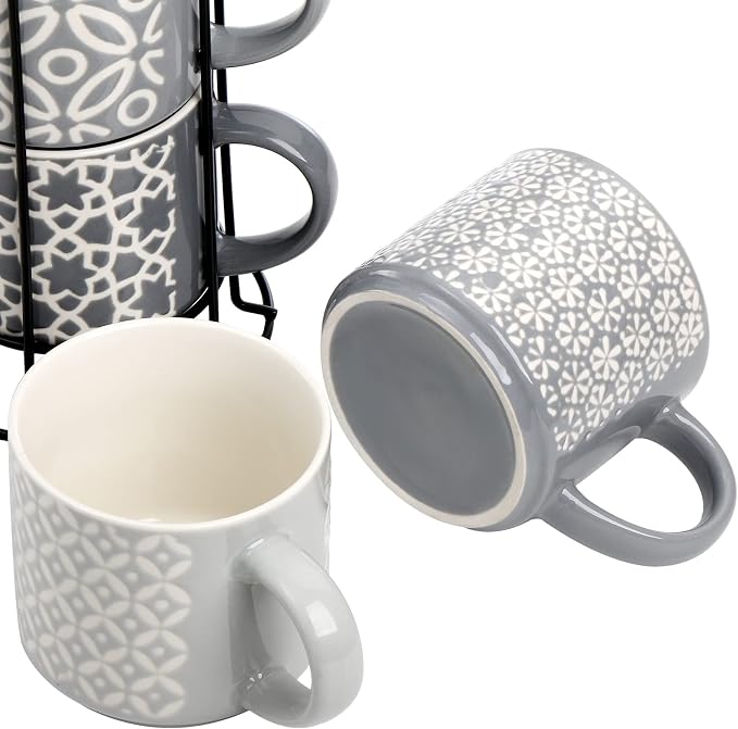 Hiceeden Set of 4 Coffee Mugs with Metal Stand, 15 oz Stackable Espresso Cups Ceramic Coffee Mugs for Cocoa, Latte, Americano, Cappuccinos or Beverages - Image 3