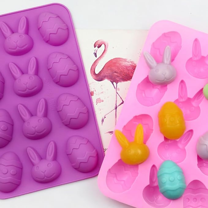 LeLehome 2PCS Eater Egg Bunny Silicone Molds, Non-Stick Festival Holiday Chocolate Cupcake Cake Candy Candle Soap Resin Ice Cube Baking Mold Eggs Rabbits Shaped, Pink