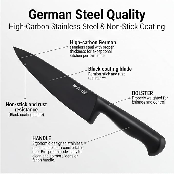 McCook Knife Set Black Kitchen Knife Block Set w Built-in Sharpener | German Forged Stainless Steel,15 PC,Razor Sharp, Anti-Rust,Ergonomic Handle,Full Tang,Dishwasher Safe,Gift Box - Image 4