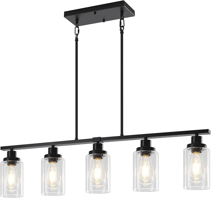 5-Light Black Kitchen Island Lighting, Modern Dining Room Light Fixtures | 37'' Farmhouse Linear Chandeliers Over Table, Island Lights for Kitchen with Clear Glass Shades, Adjustable Height - Image 6