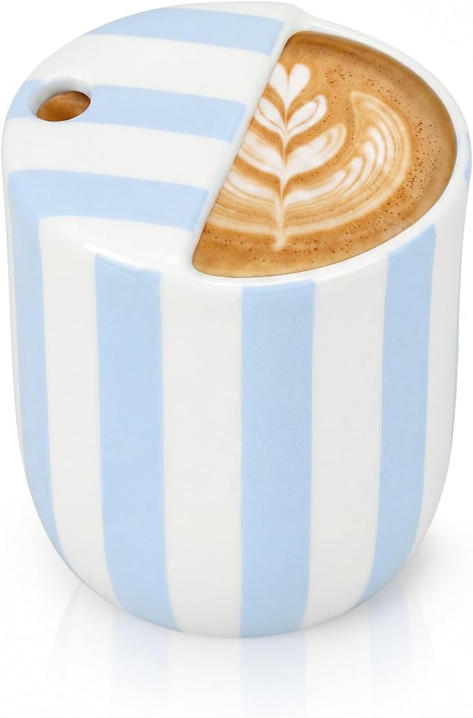 Ceramic Coffee Mug with Sip Hole 10 oz Retro Espresso Cup with Half Lid Hand Painted Blue Striped Porcelain Coffee Tea Cup for Kitchen Office Travel Tea Cappuccino Latte Daily Use Gift by Ferrochef