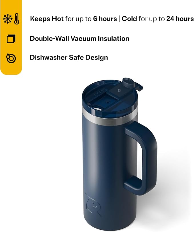 RTIC 20oz Road Trip Travel Mug with Lid and Handle, Ceramic Lined, Insulated, Stainless Steel, Metal, Double Wall Vacuum-Insulation, Portable Coffee, Tea Cup for Hot and Cold Drink, Navy - Image 2