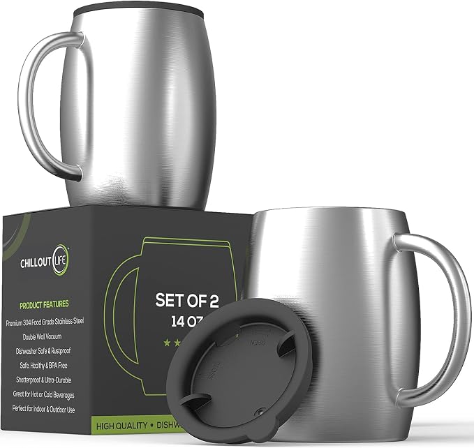 CHILLOUT LIFE Stainless Steel Insulated Coffee Mugs Set of 2 (14oz) – Double Wall Coffee Cups with Spill Resistant Lid & Strong Handle, Shatterproof Cups for Cold Drinks and Hot Beverages by CHILLOUTLIFE