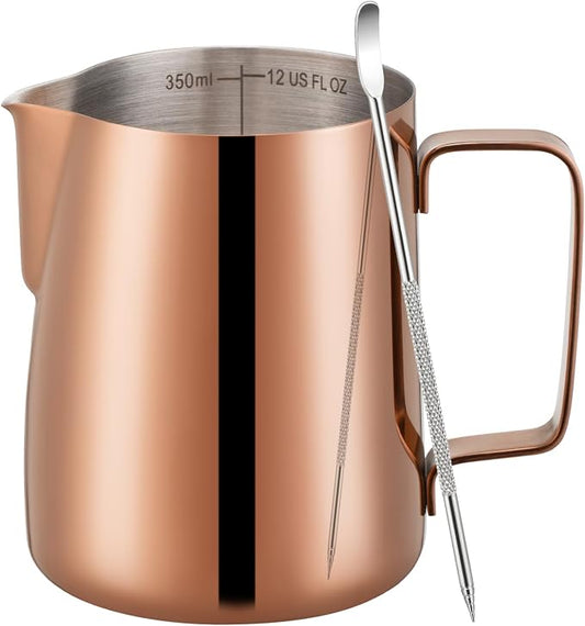 Amrules Milk Frothing Pitcher, 12 oz Milk Frother Cup with Clear Scale, 304 Stainless Steel Cappuccino Espresso Machine Accessories for Barista Coffee Bar with Latte Art Pen, Rose Gold by Amrules