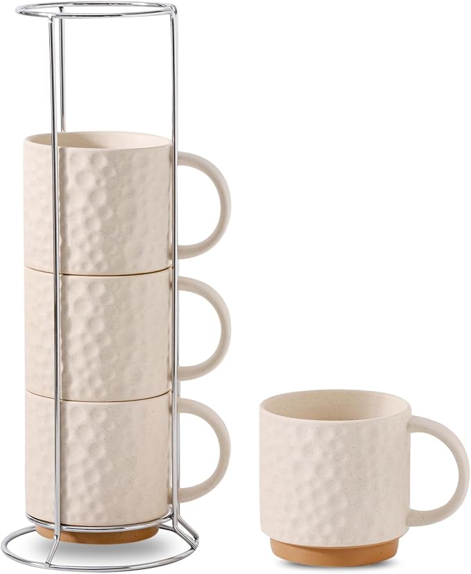 Nihow 16 OZ Ceramic Coffee Mug with Stackable Stand,Set of 4,White | Stackable, Stainless Stand Included, Cappuccino & Tea, Hot/Cold Drinks, Dishwasher & Microwave Safe by Nihow