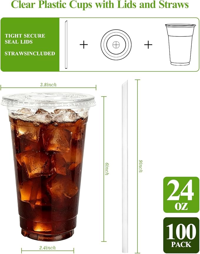 Goodluck 100 Pack 24oz Plastic Cups with Lids and Straws, Clear Disposable Iced Coffee Cups, Food Safe Cold Drink Cups for Bubble Tea, Smoothies & Shakes, BPA Free