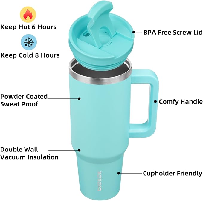 BJPKPK 40 oz Insulated Tumbler with Handle & Straw, Stainless Steel | Double Wall Vacuum Insulation, Leak Proof, BPA Free, Dishwasher Safe, Cupholder Friendly, Travel & Outdoor, Turquoise - Image 2