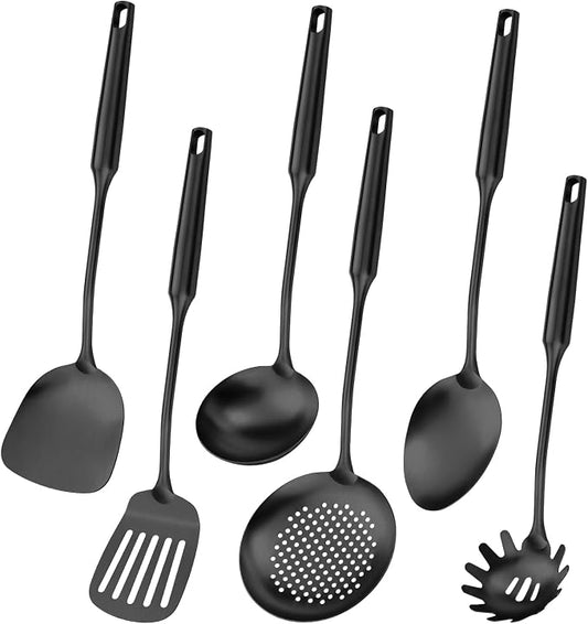 304 Stainless Steel Cooking Utensil,Kitchen Kitchen Utensil with Spatula, Solid Spoon, Ladle, Skimmer, Spaghetti Spoon, 6 Piece Set, Dishwasher Safe(Black) by Lazycorner