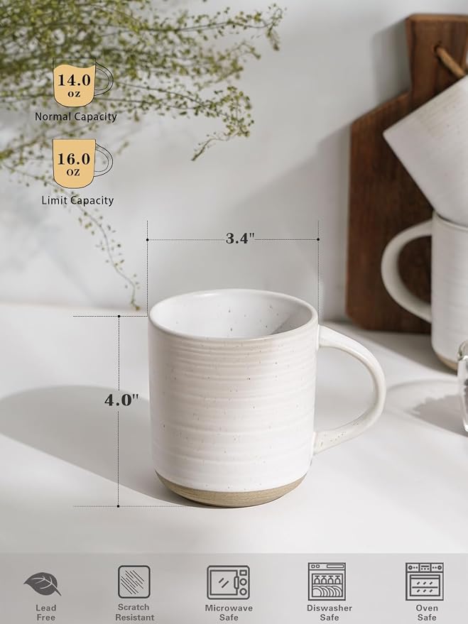 Kanwone Coffee Mugs 16oz, Stoneware Mugs Set, Ceramic Coffee Cups with Handle for Latte, Hot Tea, Cappuccino, Cocoa, Housewarming Wedding Gift, Microwave and Dishwasher Safe, Set of 6, Neutral White - Image 2