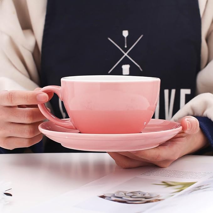 Barista Speciality Coffee Cup and Saucer, Small Cappuccino or Double Espresso Ceramic Cups (Glossy Pink, 5 oz)