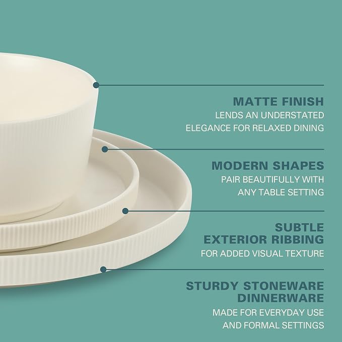 Gibson Home Dempsey Road 12-Piece Stoneware Dinnerware Set – Service for 4, Round White Plates and Bowls, Durable Solid Color Modern Embossed Dish Set, Microwave & Dishwasher Safe - Image 3
