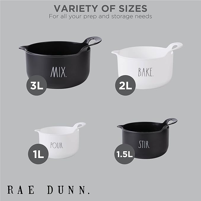 Rae Dunn Non-Slip Mixing Bowls - 4 Piece Nesting Plastic Mixing Bowl Set with Pour Spouts and Handles-Measurement Markings (Black) - Image 3