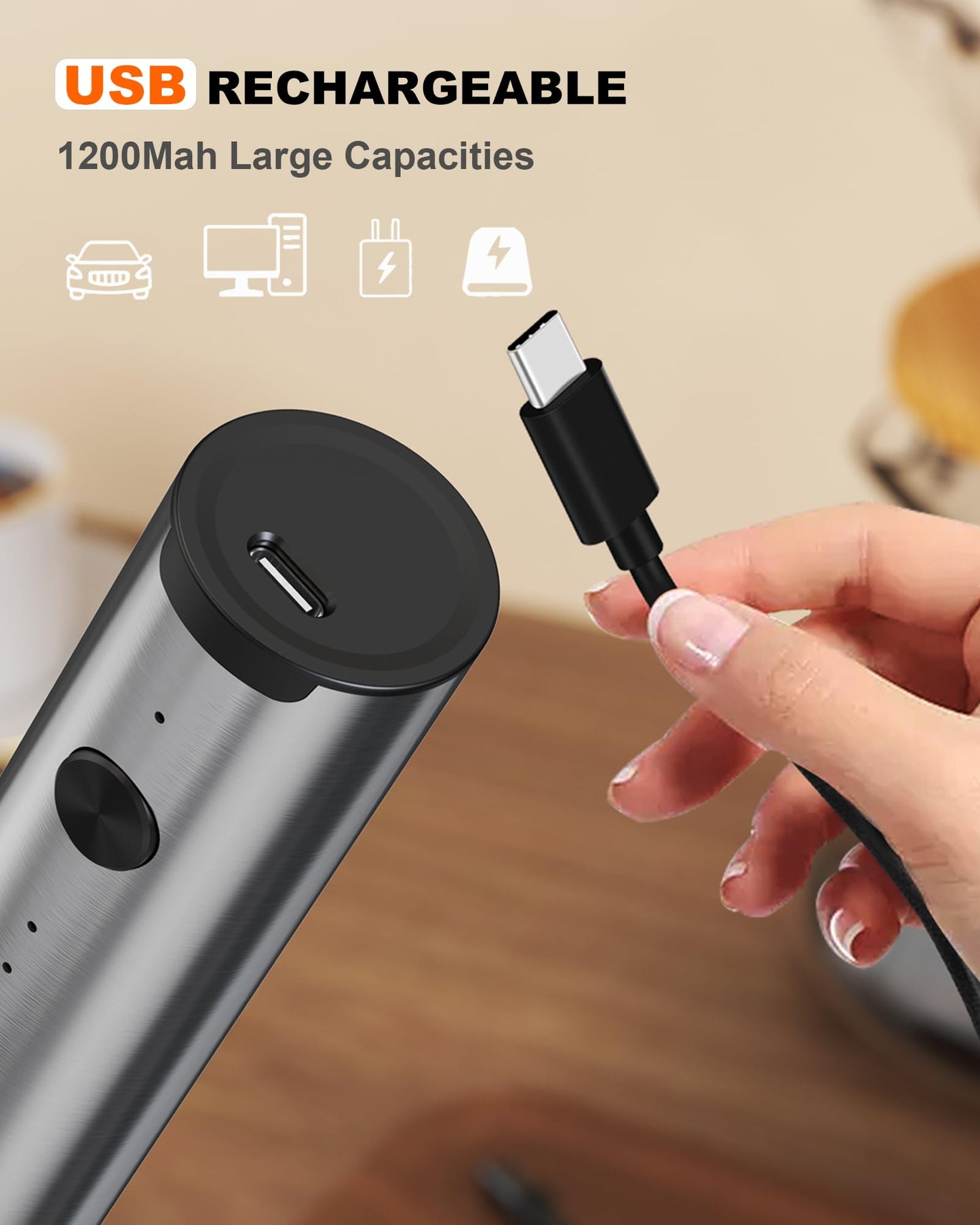 Rechargeable 3-Speed Milk Frother Wand (Black)