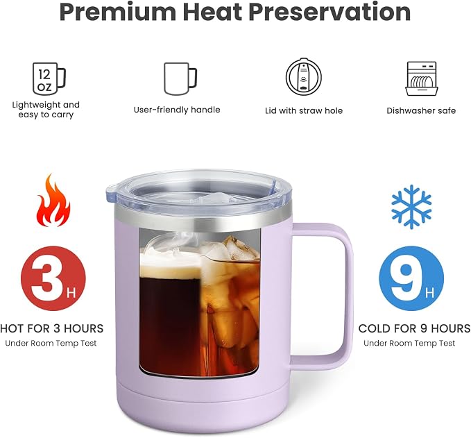 MEWAY 12oz Coffee Mug With Handle 2 Pack Bulk,Stainless Steel Insulated Travel Tumblers With Sliding Lid,Double Wall Vacuum Camping Cup for Hot & Cold Drinks Tea (Lilac&Pink,Set of 2) - Image 2