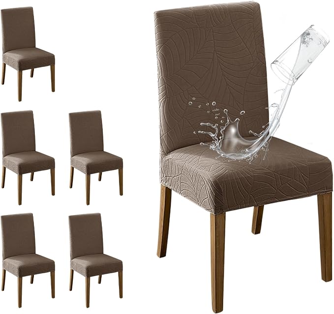 MOSAYT 100% Waterproof Dining Room Chair Covers Set of 6, Super Fit Stretch Jacquard Parson Chairs Slipcovers Removable Washable Chair Seat Protectors for Home, Kitchen, Banquet (Taupe - XL) by MOSAYT