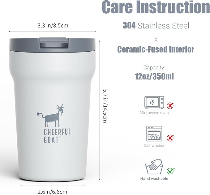 CHEERFUL GOAT Travel Coffee Mug – Stainless Steel Ceramic Lined Mug Insulated Tumbler, with lid, 12oz Leak Proof Cup for Hot and Cold Water Coffee at Home, Office, or On the Go (Grey) - Image 2