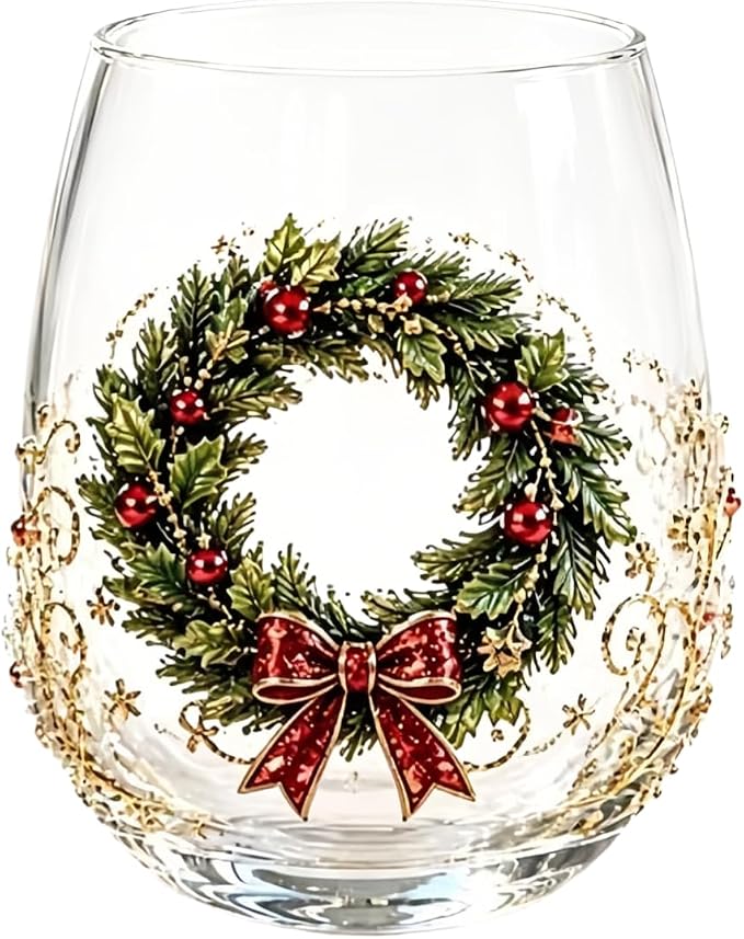 Christmas 3D Raised Glass Cup, Stemless Santa Wine Glass, Luxury Holiday Glassware for Coffee Tea Juice Milk Drinks by Unknown