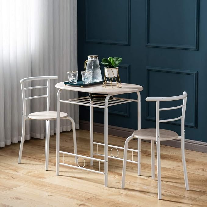 VINGLI 3 Piece Dining Set,Small Kitchen Table Set for 2,Breakfast Table Set,Kitchen Wooden Table and 2 Chairs for Small Space/Dining Room/Apartment,Metal Frame,Wine Rack,White&Light Oak - Image 6