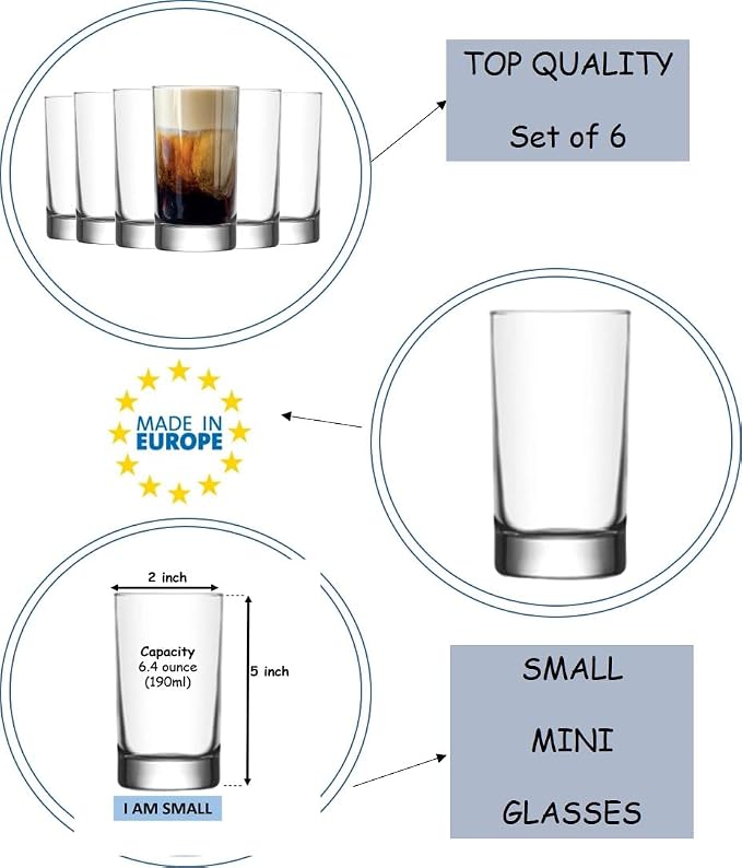 BOHEM'S Small Juice Glasses, Mini Clear Glass Cups Tumblers, Drinking Glassware for Orange Juice, Water, Milk, Coffee, Perfect for Tasting and Small Portions, Set of 6, (6.4 oz) - Image 5