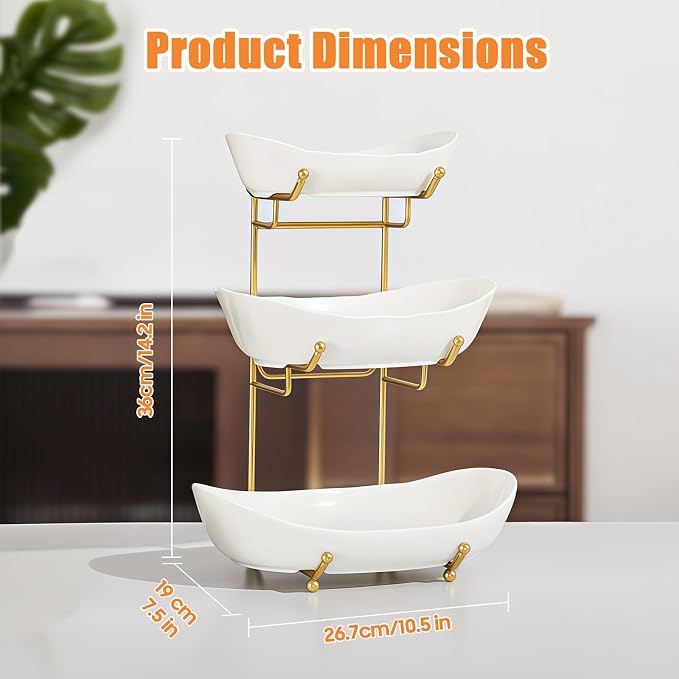 Ceramic Fruit Bowl for Kitchen Counter - 3 Tier Fruit Basket with Metal Stand, Tiered Fruit Stand for Countertop, Snack, Nuts, Cake, Dessert, Cute (Gold, Small) 1 - Image 5