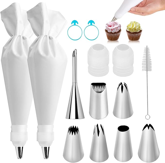 14-Piece Reusable Piping Bags and Tips Set-16inch Cotton Baking Kit with Coupler, Stainless Steel Nozzles,Silicone Cable Ties& Cleaner for Cakes/Cupcakes/Cookies Decorating