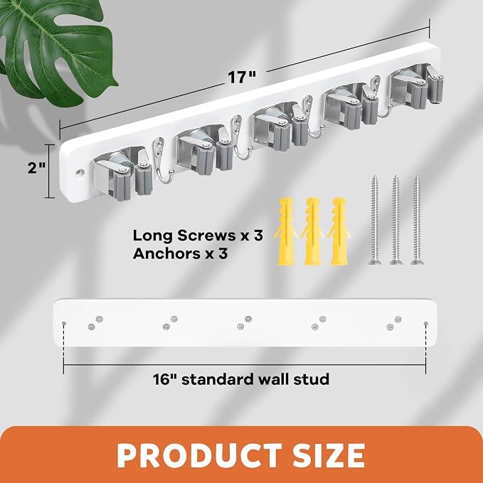 IMILLET Broom Holder Wall Mount, Rustic Broom Hanger for Laundry Room | Wood Broom and Mop Organization and Storage, Mop Holder for Home Decor, Garden, Garage, Closet, 5 Racks and 4 Hooks, White - Image 5
