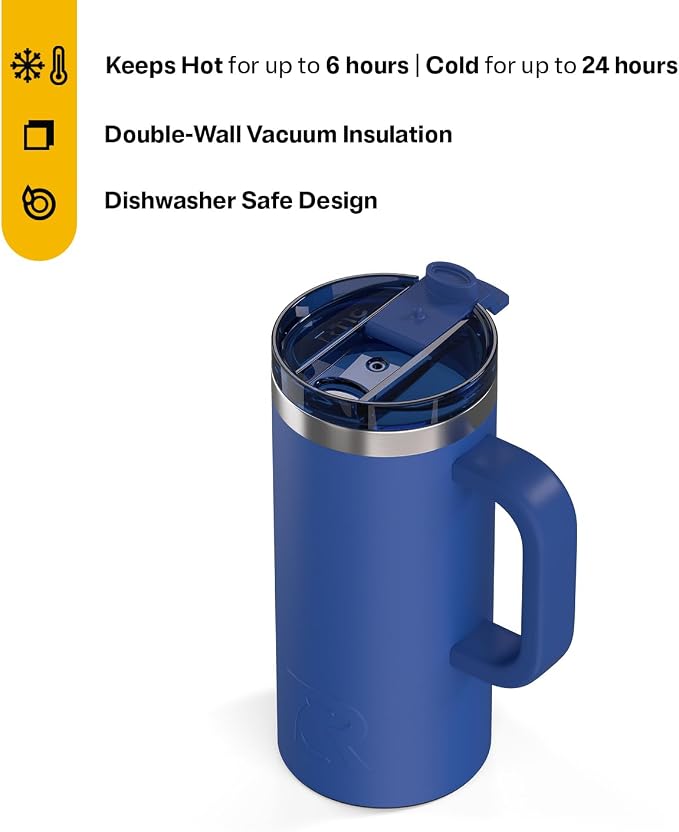 RTIC 16oz Road Trip Travel Mug with Lid and Handle, Ceramic Lined, Cobalt | Stainless Steel Metal, Insulated Travel Cup for Hot and Cold Drinks, Coffee, Car, Camping and Travel - Image 2