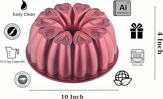 Heart Shape Cast Aluminum Molded Cake Pan, Titanium Coating, Non-Stick, 12 Cups, Heavy Duty, 10 Inch Pound Cake Pan, Gifts for Mom, Fluted Tube Pan, Easy to Clean (Red) - Image 2