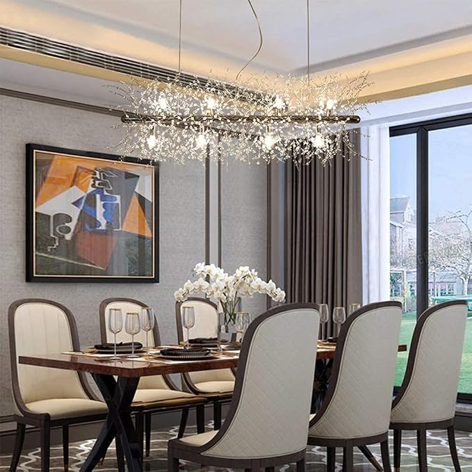 Modern Chrome Crystal Firework Chandelier Linear Lighting Fixtures | 35.5" Sputnik Ceiling Light Fixture Rectangular Hanging Pendant Light for Kitchen Island Dining Room Living Room 12-Lights - Image 3