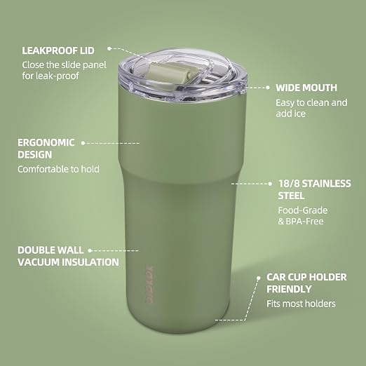 BJPKPK 20oz Spill Proof Coffee Tumbler, Insulated Stainless Steel Cup | Double Wall Vacuum, Leakproof Lid, Keeps Hot/Cold/Iced, BPA Free, Dishwasher Safe, Cupholder, Travel, Forest Green - Image 2