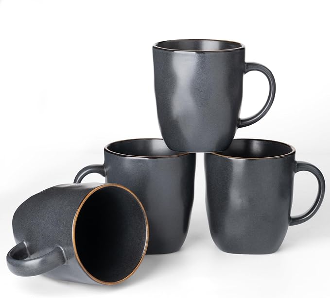 famiware Coffee Mugs Set of 4, Ocean Square 13oz Coffee Cup Set with Handle for Cocoa, Milk, Hot Chocolate, Tea, Water, Stoneware Cups for Kitchen, Microwave and Dishwasher Safe, Matte Black by Famiware