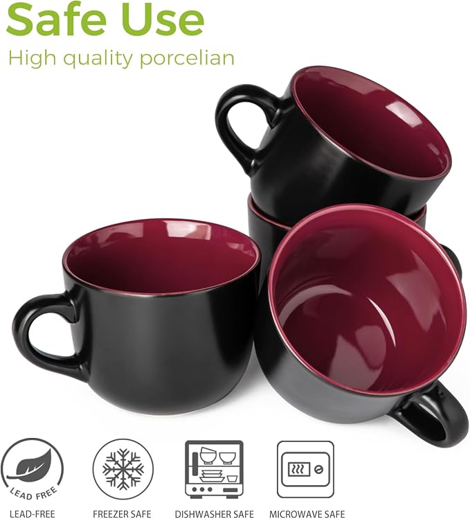 GBhome Jumbo Soup Mugs with Handles, 24 Oz Large Coffee Mugs Set of 4 | Ceramic Soup bowls for Soup Cereal Snacks Salad Noodles Cups, Microwave safe - Matte Black, Red Inside - Image 8