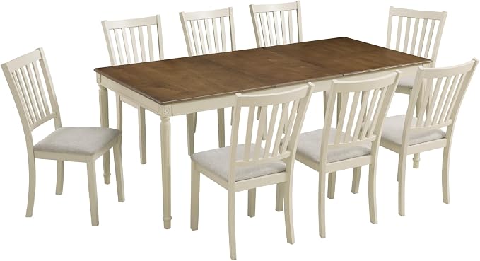 AMERLIFE 9 Piece Farmhouse Dining Table Set with 79" Table, Cream | Solid Rubberwood Frame, 8 Chairs Included, Farmhouse Design, Upholstered Seating, Rustic Cream Finish - Image 9