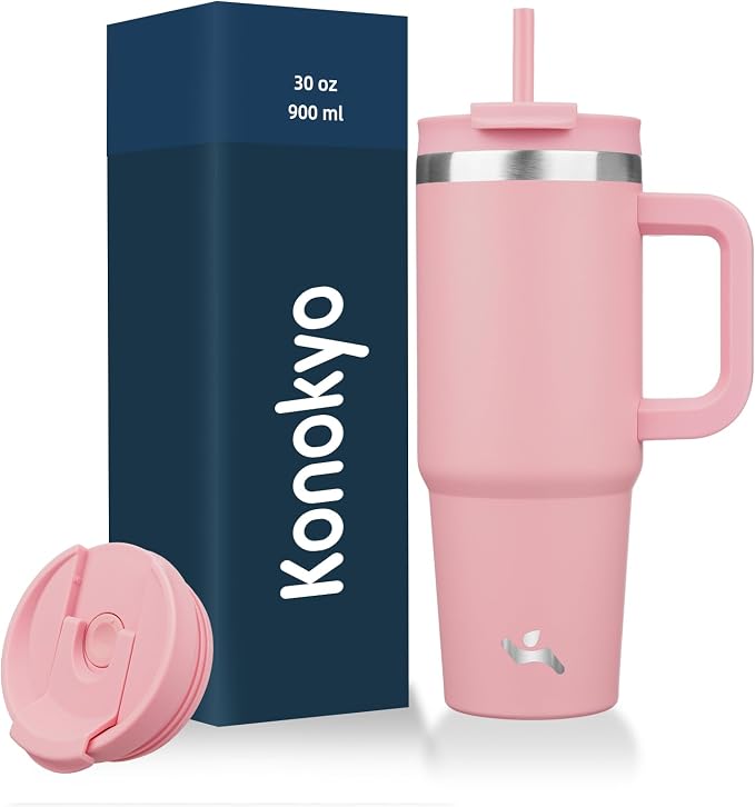 Konokyo 30 oz Insulated Tumbler Water Bottle with Handle, Straw Lid | BPA-free and dishwasher safe; made for gym, travel, coffee and gifting, 2 straws, cup holder friendly,Pink by Konokyo