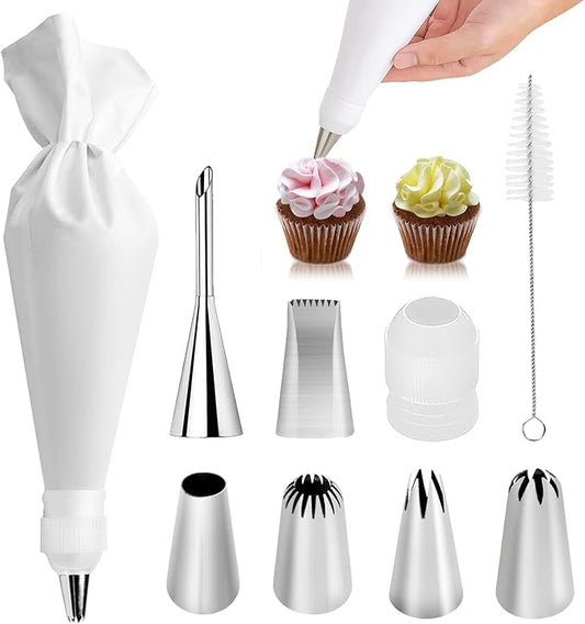 9-Piece Reusable Piping Bags and Tips Set-16inch Cotton Baking Kit with Coupler, Stainless Steel Nozzles & Cleaner for Cakes/Cupcakes/Cookies Decorating