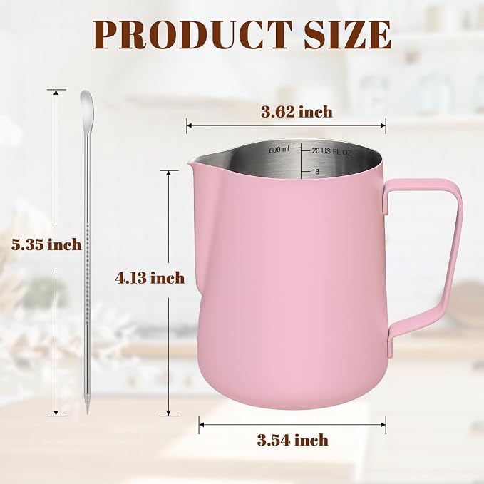Amrules Milk Frothing Pitcher, 20 oz Milk Frother Cup with Clear Scale, 304 Stainless Steel Cappuccino Espresso Machine Accessories for Barista Coffee Bar with Latte Art Pen, Pink - Image 2