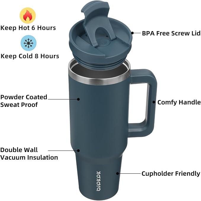 BJPKPK 40 oz Insulated Tumbler with Handle & Straw, Stainless Steel | Double Wall Vacuum Insulation, Leak Proof, BPA Free, Dishwasher Safe, Cupholder Friendly, Travel & Outdoor, Navy Blue - Image 2